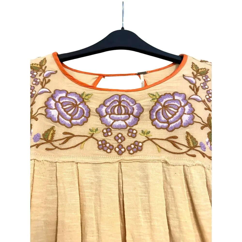 Free People Waiting On A Sunny Day Embroidered Boho Top XS Sand Combo